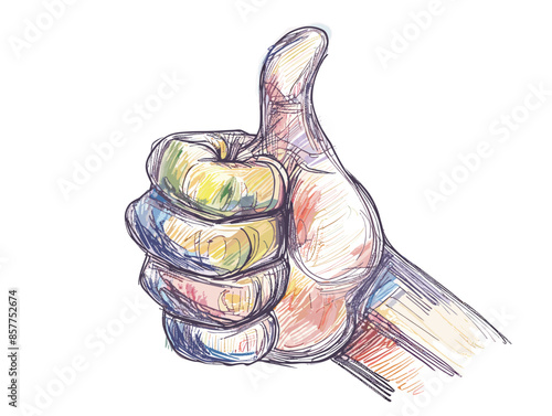 isolate white background, A person with a thumbs-up sign, representing endorsement or approval, drawing in color pencil art and copy space, very simple and isolate in the style of animated art