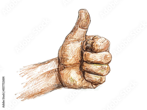 isolate white background, A person with a thumbs-up sign, representing endorsement or approval, drawing in color pencil art and copy space, very simple and isolate in the style of animated art