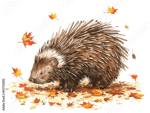 isolate white background, A porcupine foraging for food among the fallen leaves., drawing in color pencil art, very simple and isolate in the style of animated illustrations, white background