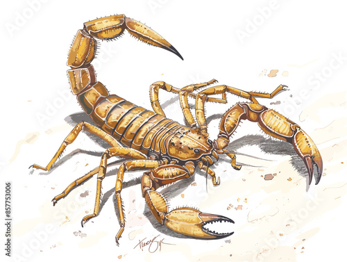 isolate white background, A scorpion hiding in the shadows, waiting for prey to pass by., drawing in color pencil art, very simple and isolate in the style of animated illustrations, white background