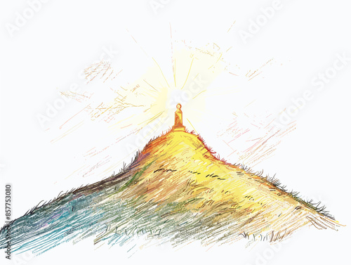 isolate white background, A shining beacon atop a hill, representing the best candidate's leadership., drawing in color pencil art and copy space, very simple and isolate in the style of animated art