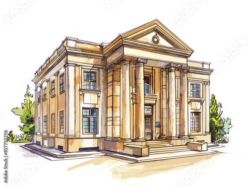 isolate white background, Banking and finance with a bank building and ATM, drawing in color pencil art, very simple and isolate in the style of animated illustrations, white background