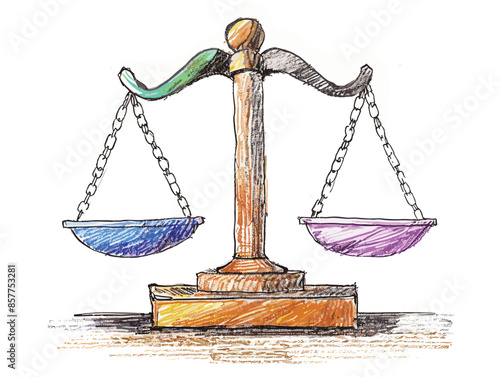 isolate white background, Business ethics with scales symbolizing fairness and integrity, drawing in color pencil art, very simple and isolate in the style of animated illustrations, white background