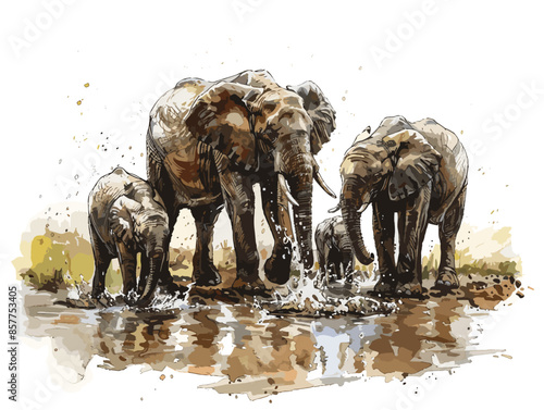 isolate white background, A family of elephants splashing and playing in a muddy watering hole., drawing in color pencil art, very simple and isolate in the style of animated illustrations, 