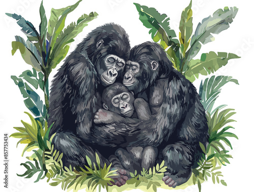 isolate white background, A family of gorillas grooming each other in the dense foliage of the rainforest., drawing in color pencil art, very simple and isolate in the style of animated illustrations,
