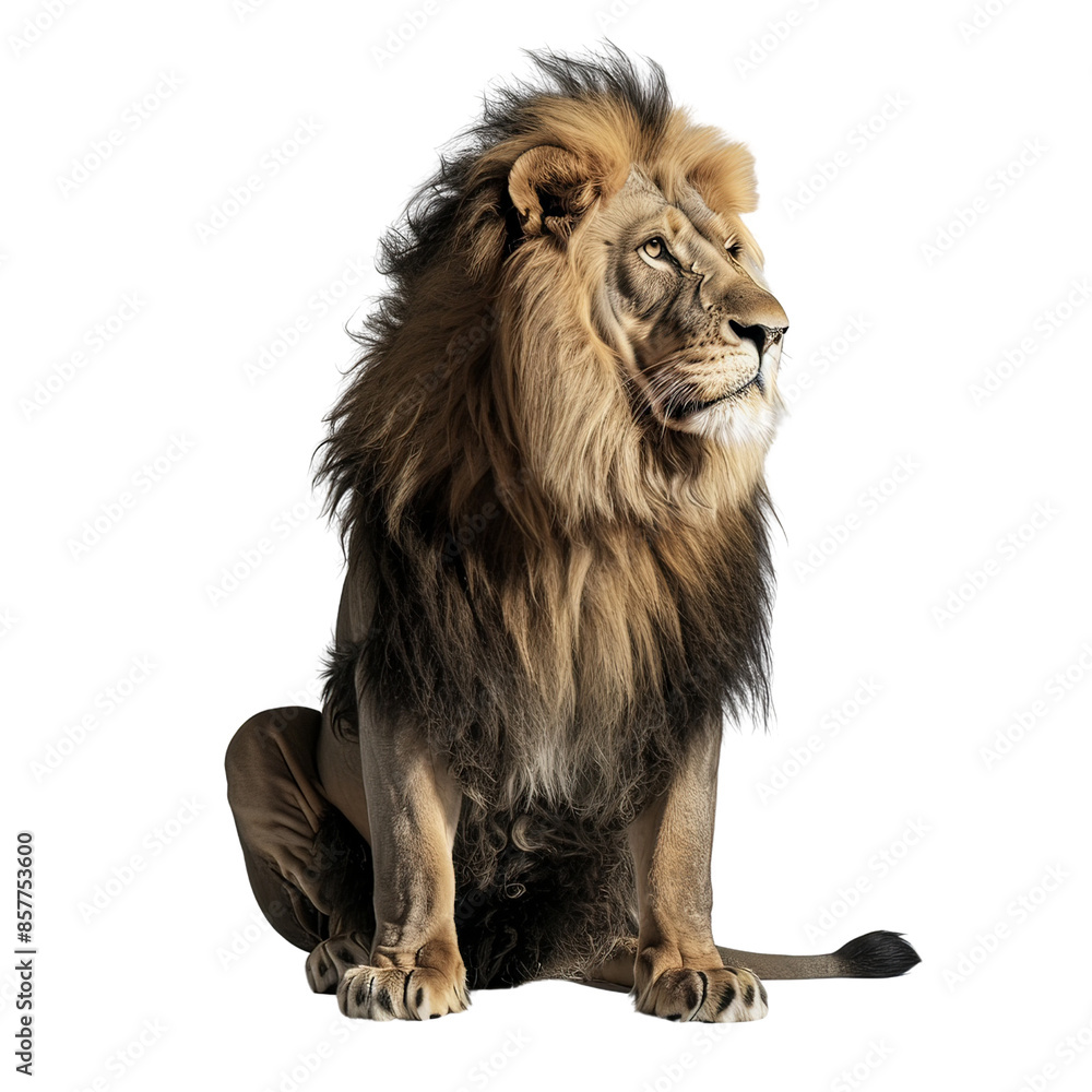 Majestic lion sitting confidently with a regal mane, embodying strength and nobility in the wild. Majestic lion sitting confidently with a regal mane, embodying strength and nobility in the wild.