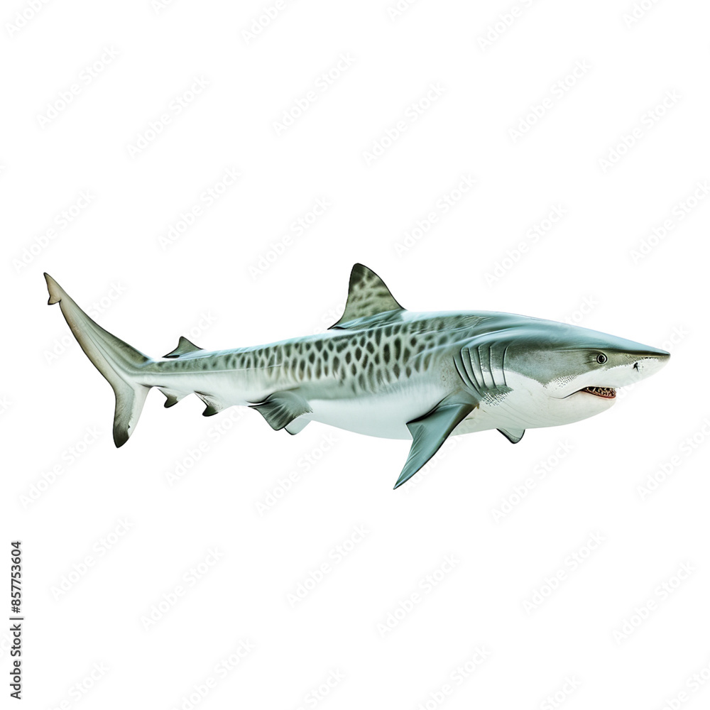 A tiger shark isolated on a transparent background, showcasing the distinct markings and powerful body of this marine predator. A tiger shark isolated on a transparent background, showcasing the distinct markings and powerful body of this marine predator.