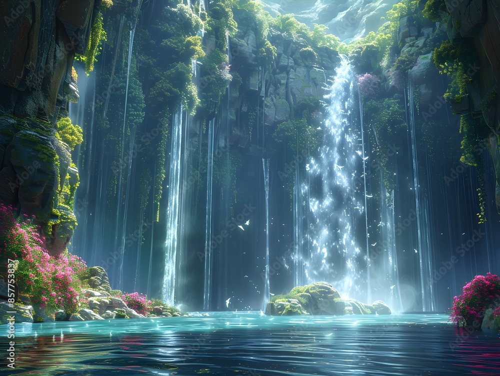 Obraz premium Ethereal Dreamscape with Cascading Waterfalls and Levitating Crystalline Structures