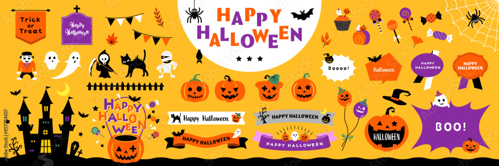 ハッピーハロウィンのイラスト・フレームセット / オープンパス有り・編集可能 / ハロウィーン、かぼちゃ、あしらい、アイコン、枠、タイトル、リボン、秋、ベクター ハッピーハロウィンのイラスト・フレームセット / オープンパス有り・編集可能 / ハロウィーン、かぼちゃ、あしらい、アイコン、枠、タイトル、リボン、秋、ベクター