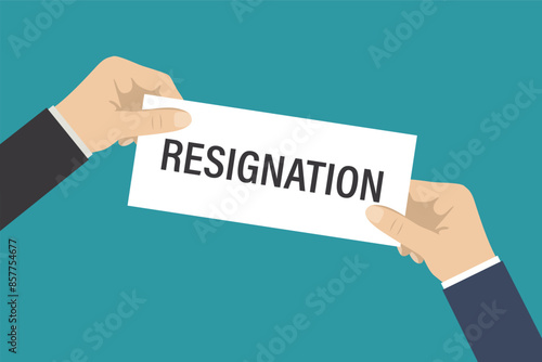 Executive hand sending a resignation letter to the boss. Change of job, career ladder. Dismissal, unemployment, resign concept.