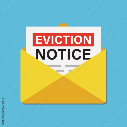Eviction notice legal document in the envelope. Notice to vacate form eviction credit debt real estate business concept. Letter with paper document on blue background.