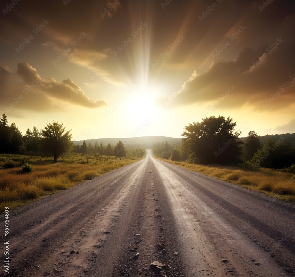A remote, unpaved backroad cutting through a lush, verdant forest under a sky streaked with vibrant hues A remote, unpaved backroad cutting through a lush, verdant forest under a sky streaked with vibrant hues