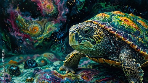 Sea turtles age throughout their entire bodies. The weathered shells were decorated with intricate patterns of dark green and shimmering gold. The wise ancient eyes shone with wisdom and sadness. photo