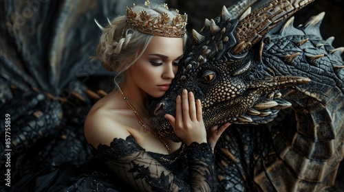 Fantasy woman evil dark queen witch hugs dragon © Kosvintseva