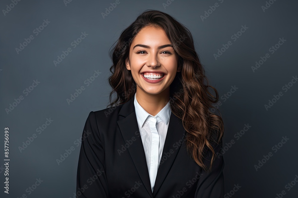 Happy young business woman posing isolated over grey wall background Happy young business woman posing isolated over grey wall background