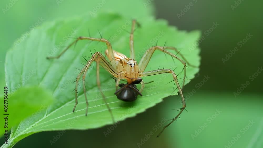 Oxyopes salticus spider perched on a windblown leaf, footage, wildlife video, insects. Oxyopes salticus spider perched on a windblown leaf, footage, wildlife video, insects.