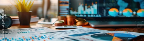 Modern workspace with financial charts, coins, a camera, and a laptop displaying data, all arranged on a wooden desk.