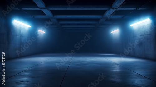 Empty futuristic underground garage with blue neon lights creating a moody, atmospheric scene. Concept of modern architecture, technology, and solitude. 