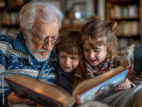 A grandfather reading a story to his delighted grandchildren