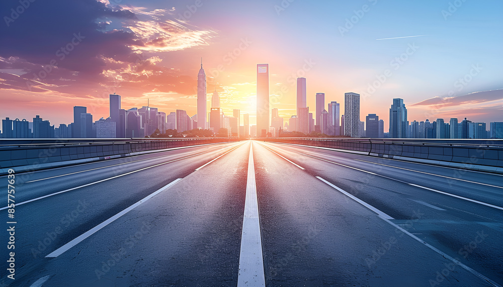 Modern Cityscapes of big city with Open Road at Sunrise Modern Cityscapes of big city with Open Road at Sunrise