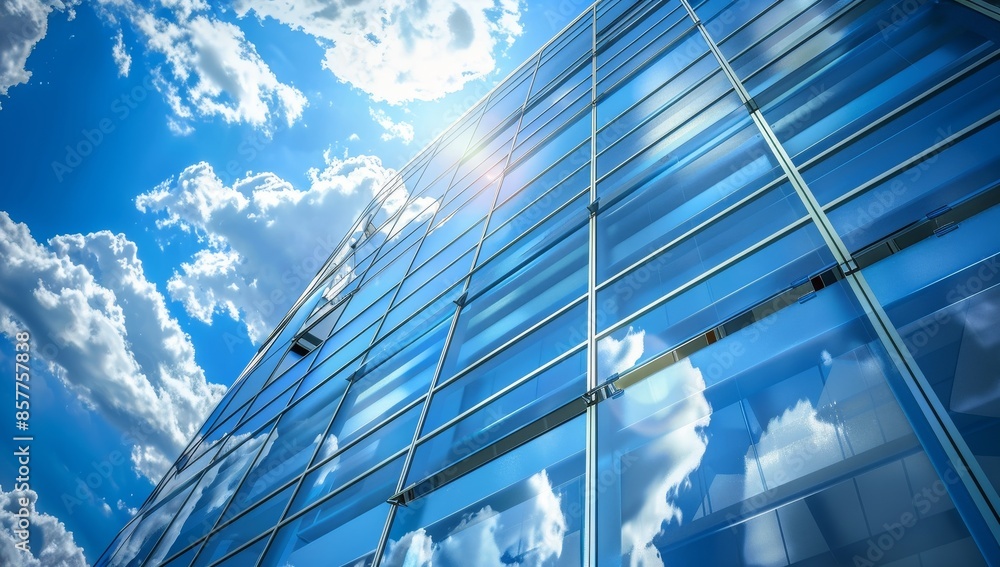 View of Ecofriendly glass office building designed for sustainability and ...