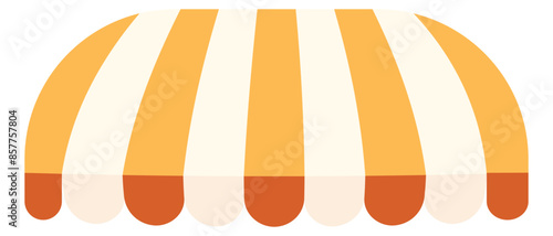 Yellow tent of shop. Awning on store and cafe. Roof of window marketplace. Yellow-white stripe canopy for store or market. Striped sunshade for restaurant. Parasol on white background. eps 10