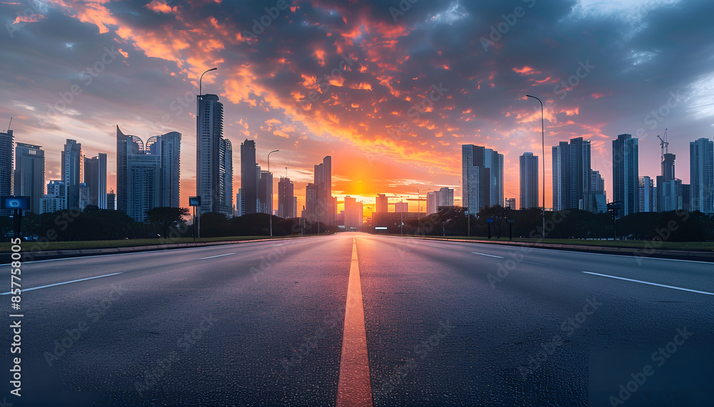 Obraz premium Modern Cityscapes of big city with Open Road at Sunrise