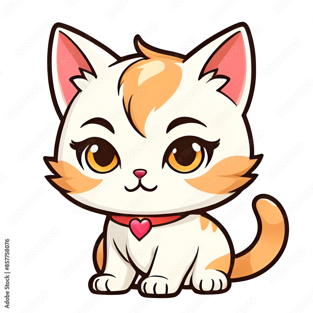 A cute cartoon cat with a red heart around its neck