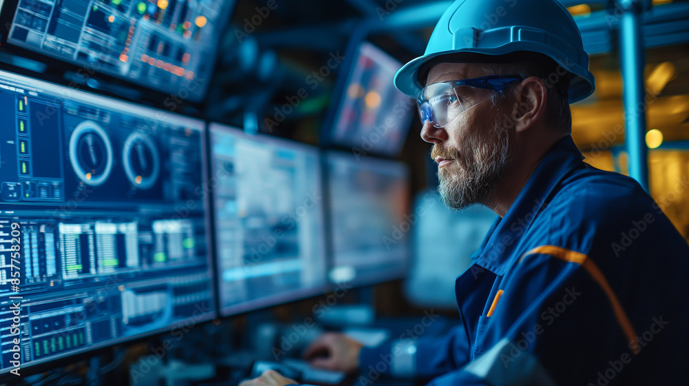 A specialized technician is meticulously inspecting the solar panel system in a control room. He is surrounded by monitors displaying operational data. A specialized technician is meticulously inspecting the solar panel system in a control room. He is surrounded by monitors displaying operational data.