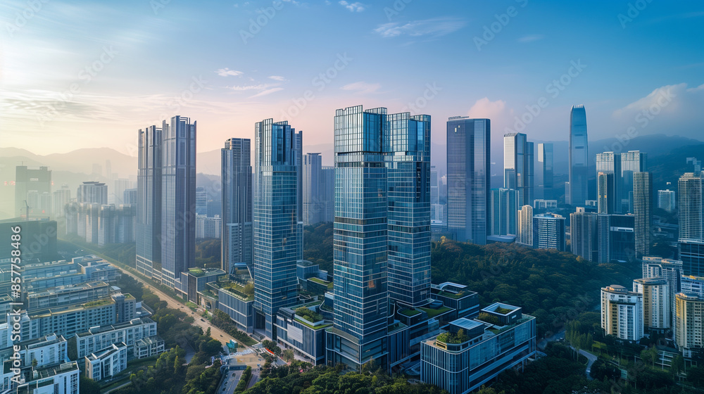 Aerial view of a modern business district with towering office buildings Aerial view of a modern business district with towering office buildings