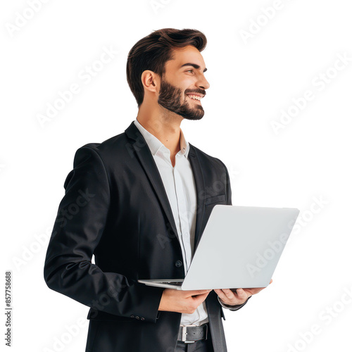 Smiling young businessman standing while holding laptop looking away on transparency background PNG
 photo