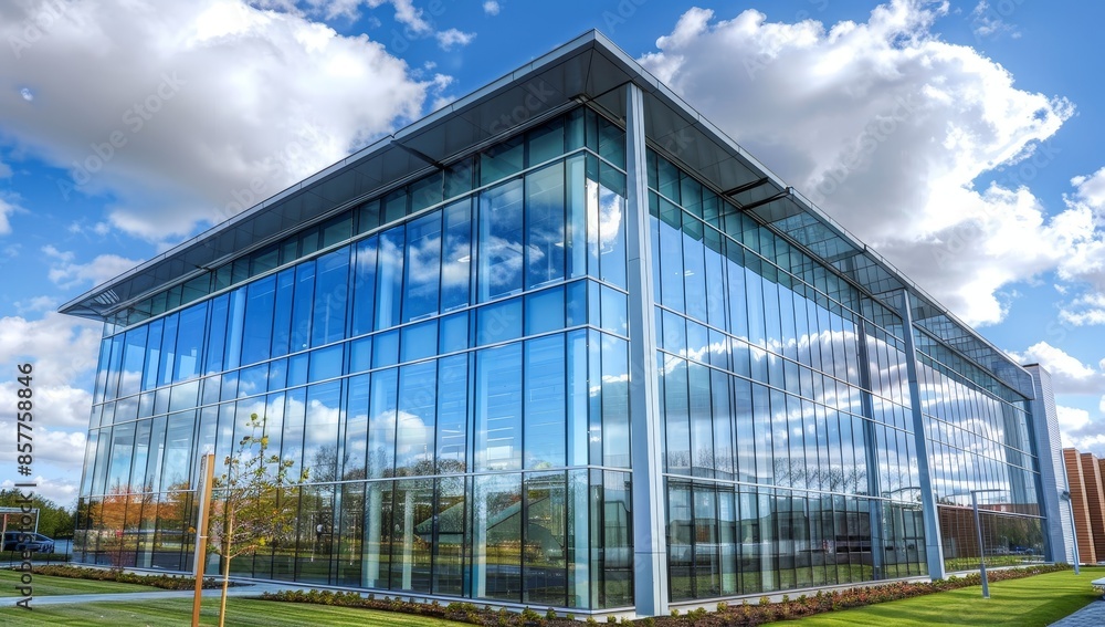 Ecofriendly glass office building designed for sustainability and reducing carbon footprint . Concept Sustainable Architecture, Green Building Design, Ecofriendly Practices