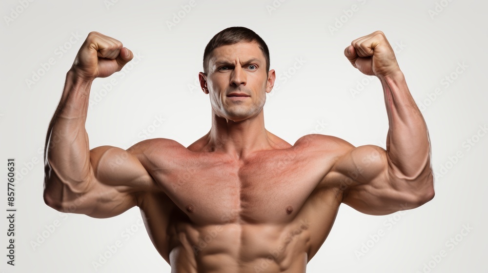 Portrait of muscular bodybuilder posing to display muscles on a white background Portrait of muscular bodybuilder posing to display muscles on a white background
