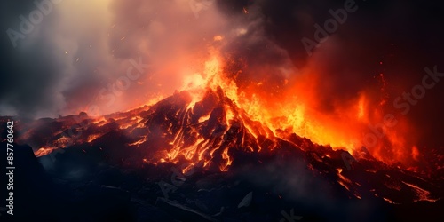 Volcanic eruption lava smoke infernal landscape natural disaster. Concept Volcanic Eruption, Lava Flow, Smoke Plumes, Infernal Landscape, Natural Disaster