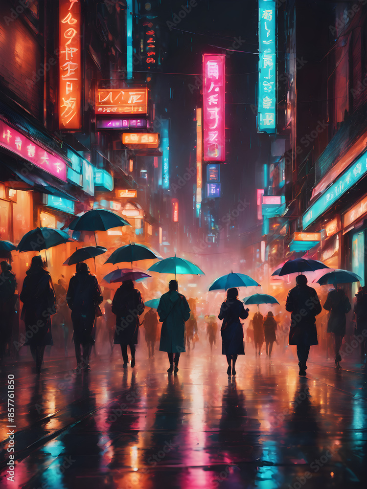 A bustling city street at night. Neon signs illuminate the scene, casting vibrant colors on the wet pavement. People are walking briskly, some holding umbrellas, creating a dynamic and energetic atmos A bustling city street at night. Neon signs illuminate the scene, casting vibrant colors on the wet pavement. People are walking briskly, some holding umbrellas, creating a dynamic and energetic atmos