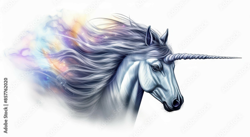 Stunning watercolor painting of a majestic unicorn with an iridescent horn and captivating eyes.