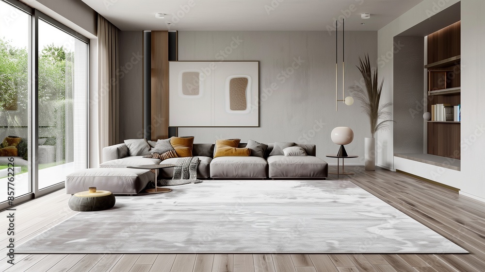 Fototapeta premium A chic living room with a minimalist design, featuring a single, large minimalist rug with a subtle grey and white pattern