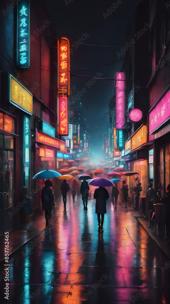 A bustling city street at night. Neon signs illuminate the scene, casting vibrant colors on the wet pavement. People are walking briskly, some holding umbrellas, creating a dynamic and energetic atmos A bustling city street at night. Neon signs illuminate the scene, casting vibrant colors on the wet pavement. People are walking briskly, some holding umbrellas, creating a dynamic and energetic atmos