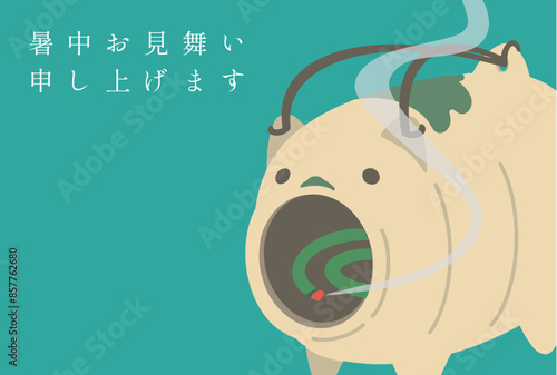 蚊遣り豚で飾られた暑中見舞いポストカード　Postcard of a summer greeting card decorated with pig-shaped mosquito coil holder