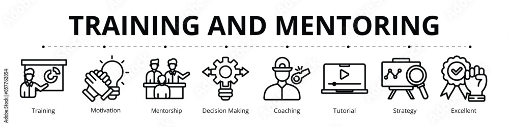 Training and Mentoring Line Banner Web Icon Set Vector Illustration, Training Motivation Mentorship Decision Making Coaching Tutorial Strategy Excellent Training and Mentoring Line Banner Web Icon Set Vector Illustration, Training Motivation Mentorship Decision Making Coaching Tutorial Strategy Excellent