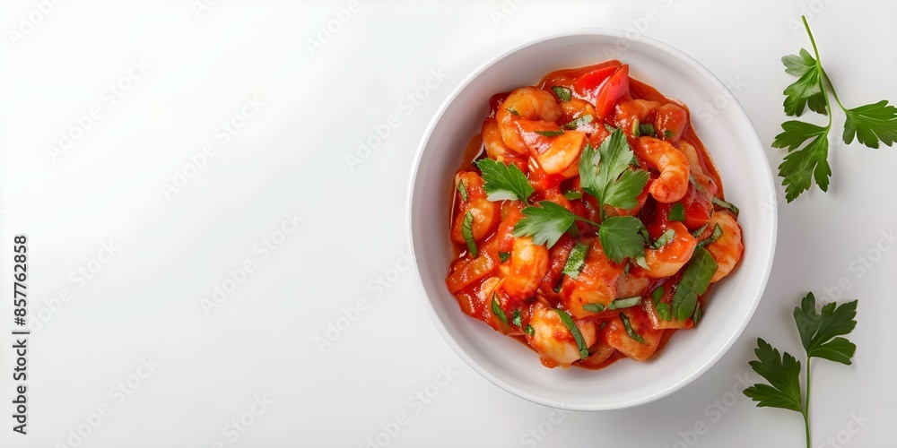 Directly above view of Nigerian dish on white background. Concept Food Photography, Nigerian Cuisine, White Background, Directly Above View, Culinary Art