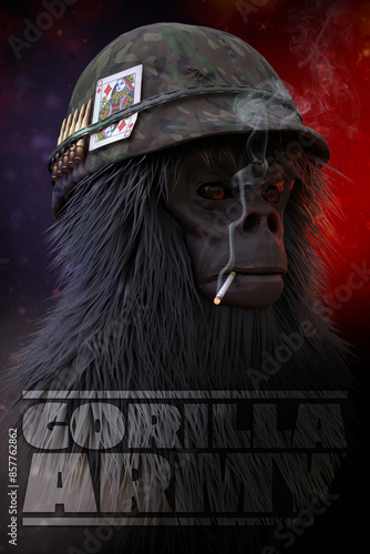 A striking digital artwork depicting a gorilla in military gear, complete with a camouflage helmet adorned with a Queen of Hearts playing card and bullets.