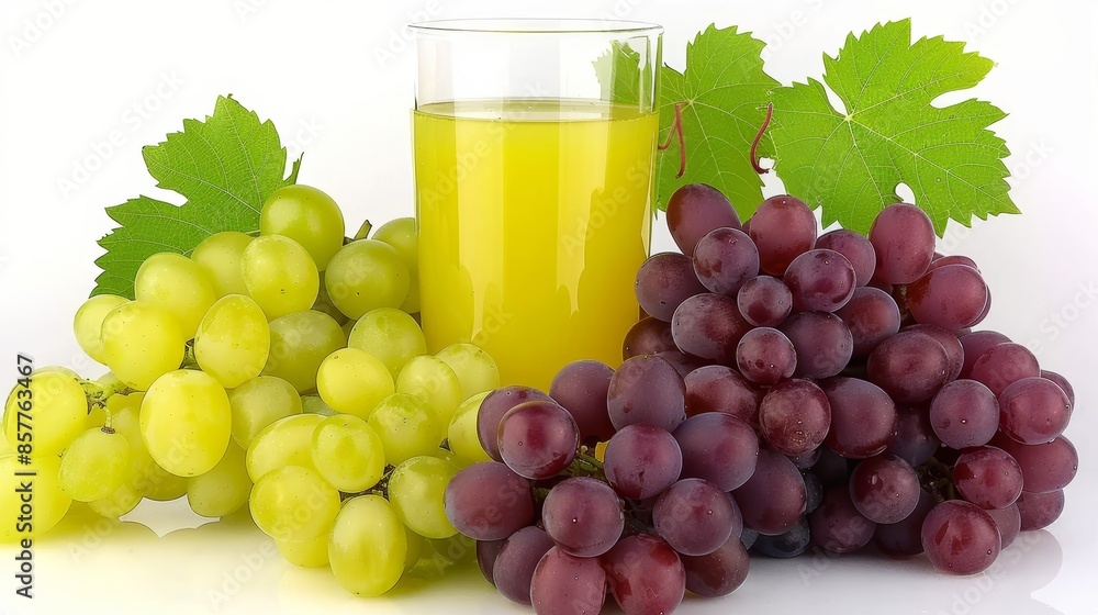 Fototapeta premium Glass of grape juice with vibrant green and yellow grape clusters on a clean white background