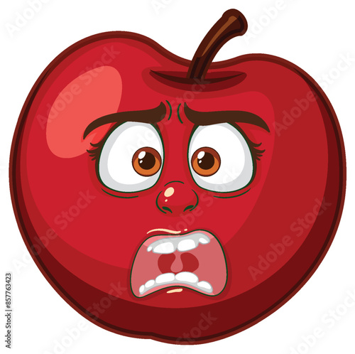 A red apple with a worried expression