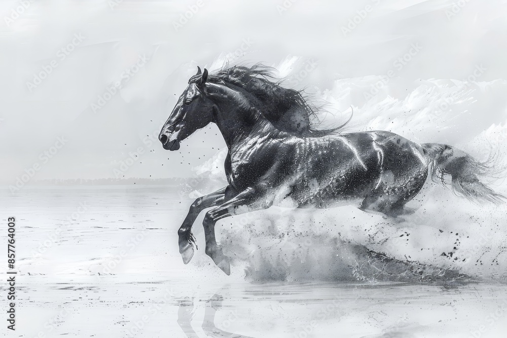 Obraz premium Expressive black horse wildlife watercolor art with abstract realism and unique brushwork