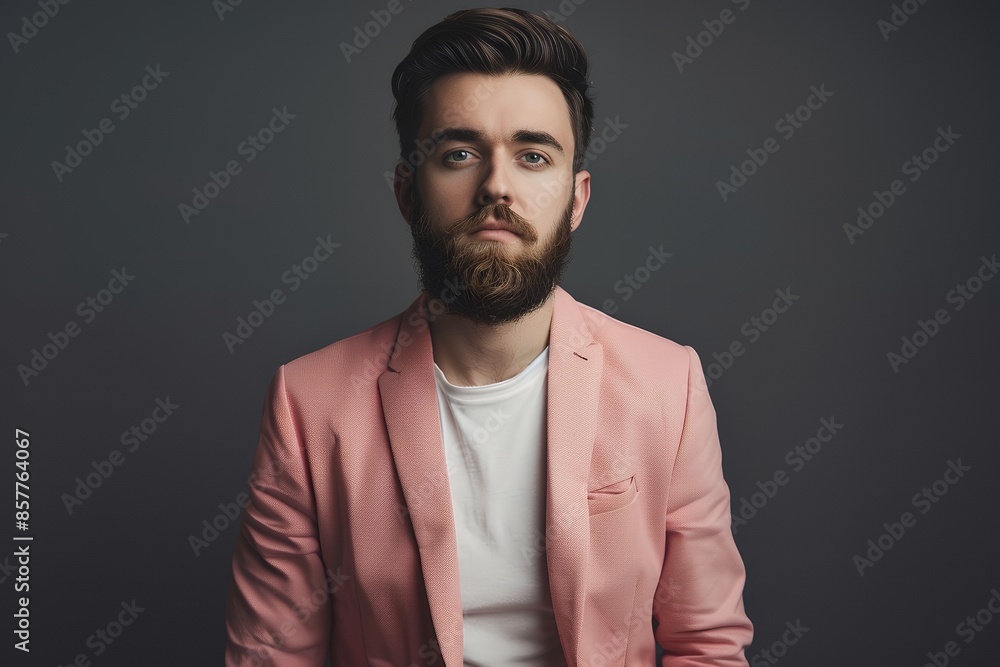 Obraz premium `Photo of an attractive male model with a beard wearing a pink blazer and a white t-shirt, facing the camera, standing in front of a photo studio light background, with a 35mm lens at an f/2 aperture,