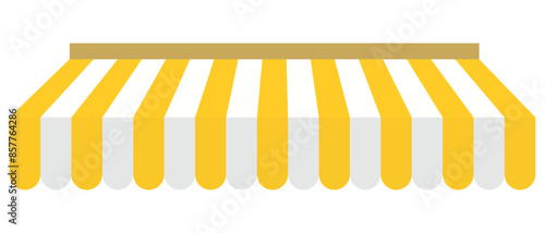 Yellow tent of shop. Awning on store and cafe. Roof of window marketplace. Yellow-white stripe canopy for store or market. Striped sunshade for restaurant. Parasol on white background. eps 10