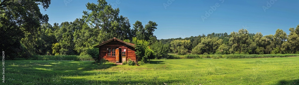 A panoramic view of a quaint wooden shed in a well-maintained garden, under a clear blue sky, offering copyspace against the idyllic backdrop. A panoramic view of a quaint wooden shed in a well-maintained garden, under a clear blue sky, offering copyspace against the idyllic backdrop.