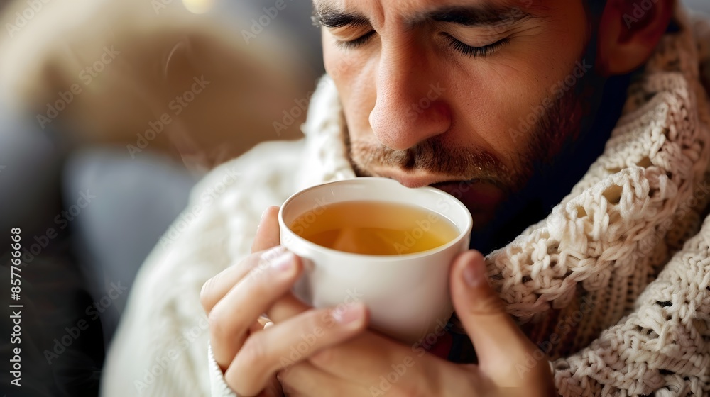 Man resting with warm tea to soothe sore throat during work break Man resting with warm tea to soothe sore throat during work break