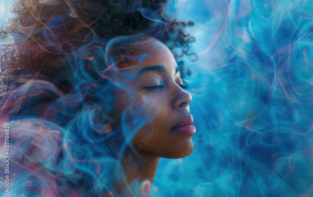A woman with a long, curly black hair is looking at the camera with a calm expression. The background is filled with smoke, giving the image a dreamy, surreal atmosphere A woman with a long, curly black hair is looking at the camera with a calm expression. The background is filled with smoke, giving the image a dreamy, surreal atmosphere
